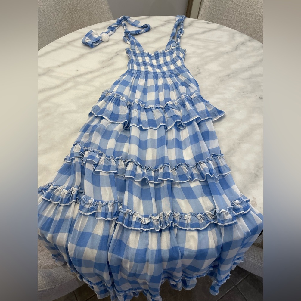 Sundress Blue Gingham Tiered Maxi Dress XS